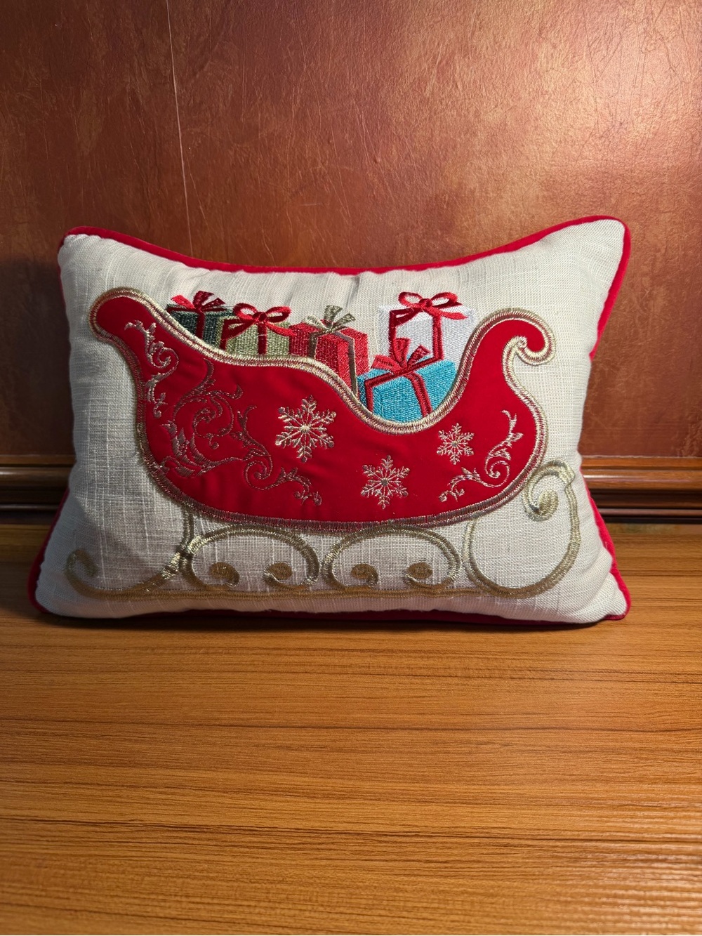 Secret Celebrity Christmas Sleigh Lumbar Pillow Embroidered Holiday Down Fill